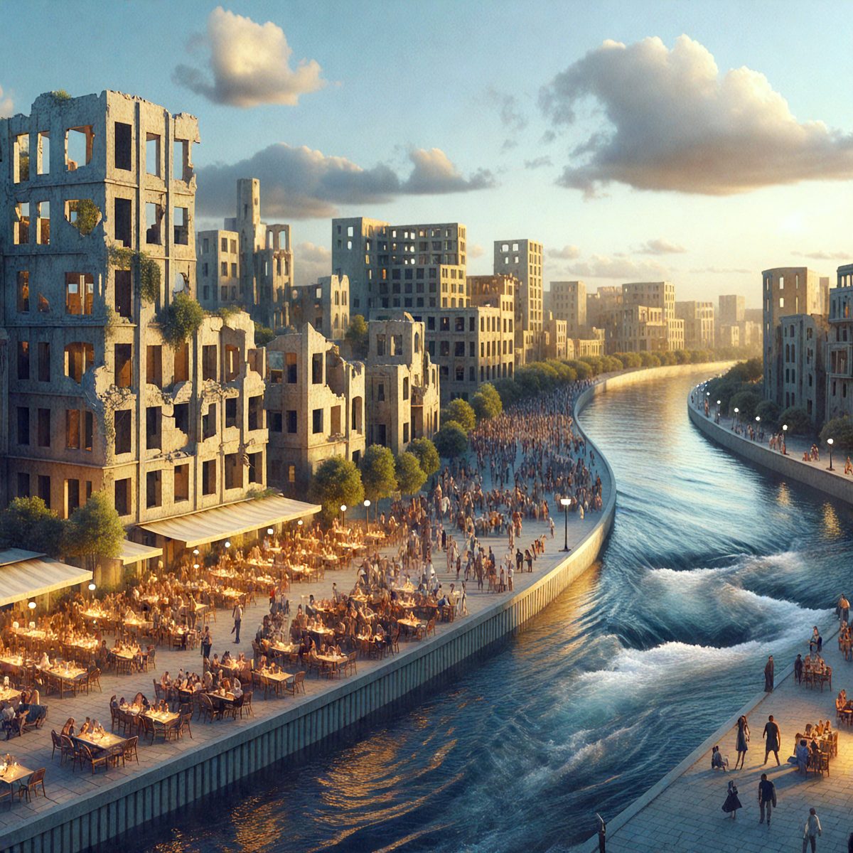 The primary subject of the image is a large city with a river running through it. The city is filled with tall buildings, and there are numerous people walking around, enjoying the view of the water. The setting is a cityscape with a mix of urban and natural elements. The visual style is a digital art or illustration, creating a vibrant and lively atmosphere. The colors and mood are predominantly warm and inviting, with the river and buildings providing a sense of depth and scale.